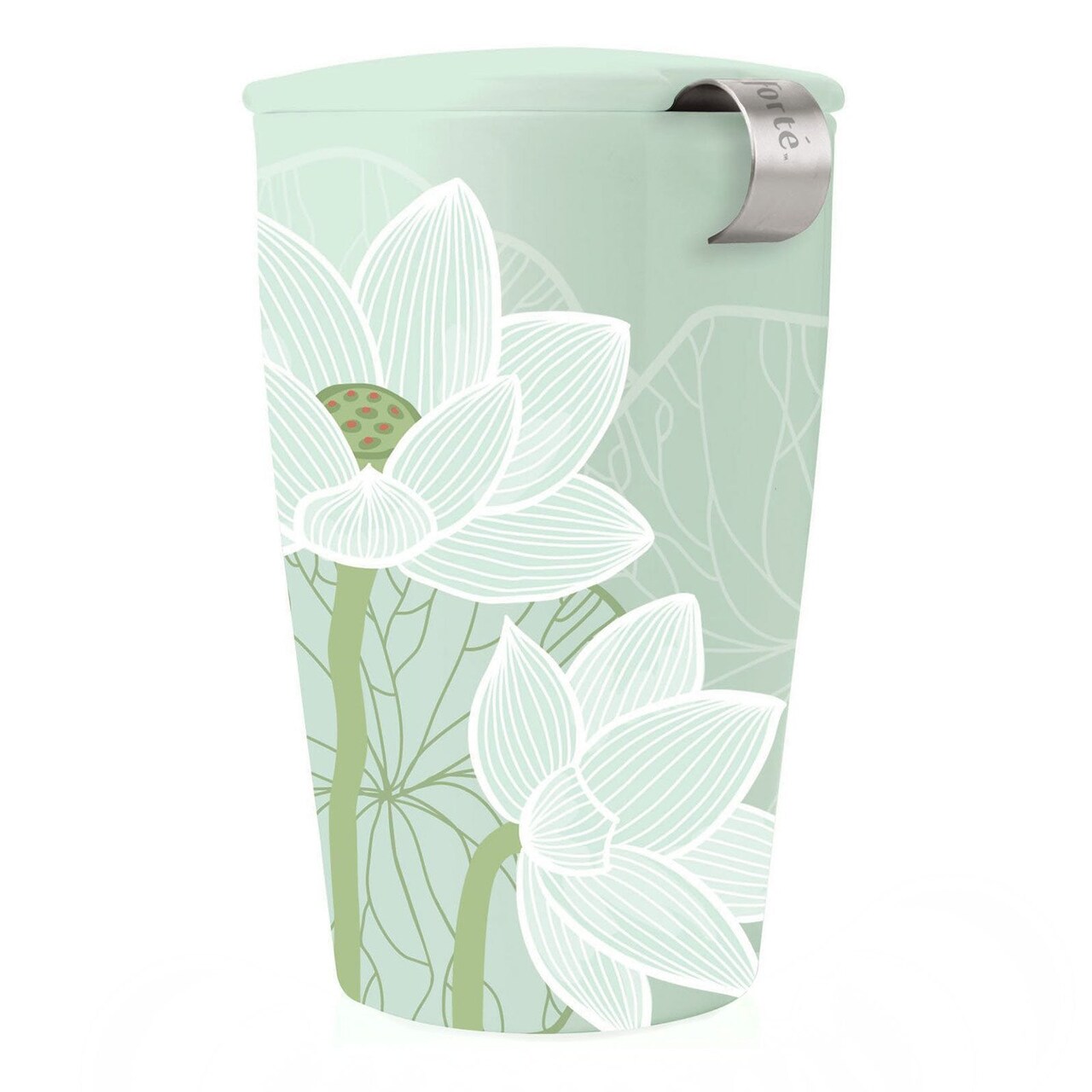 Tea Forte Double-Walled Ceramic Kati Cup, Removable Stainless Steel Infuser Basket and Lid, Steeps 12 oz Loose Leaf Tea, Dishwasher & Microwave Safe, Lotus Blossom